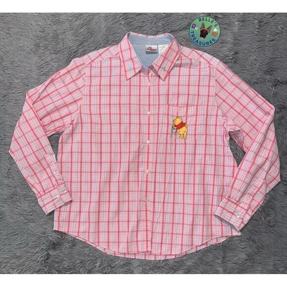 Disney Winnie the‎ Pooh Shirt Womens Large Pink Plaid Flower Button Up Embroider - Picture 1 of 8